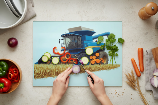 Combine Harvester (Blue) Glass Chopping Board, Combine Harvester (Blue) Worktop Saver