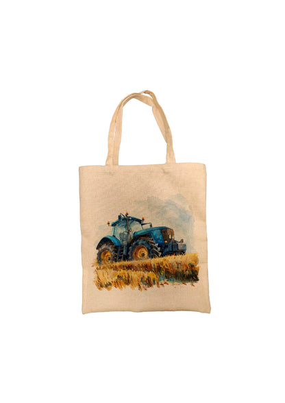 Blue Tractor Burlap Tote Bag