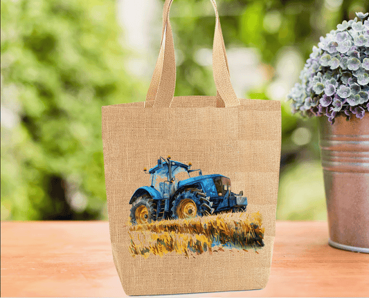 Blue Tractor Burlap Tote Bag