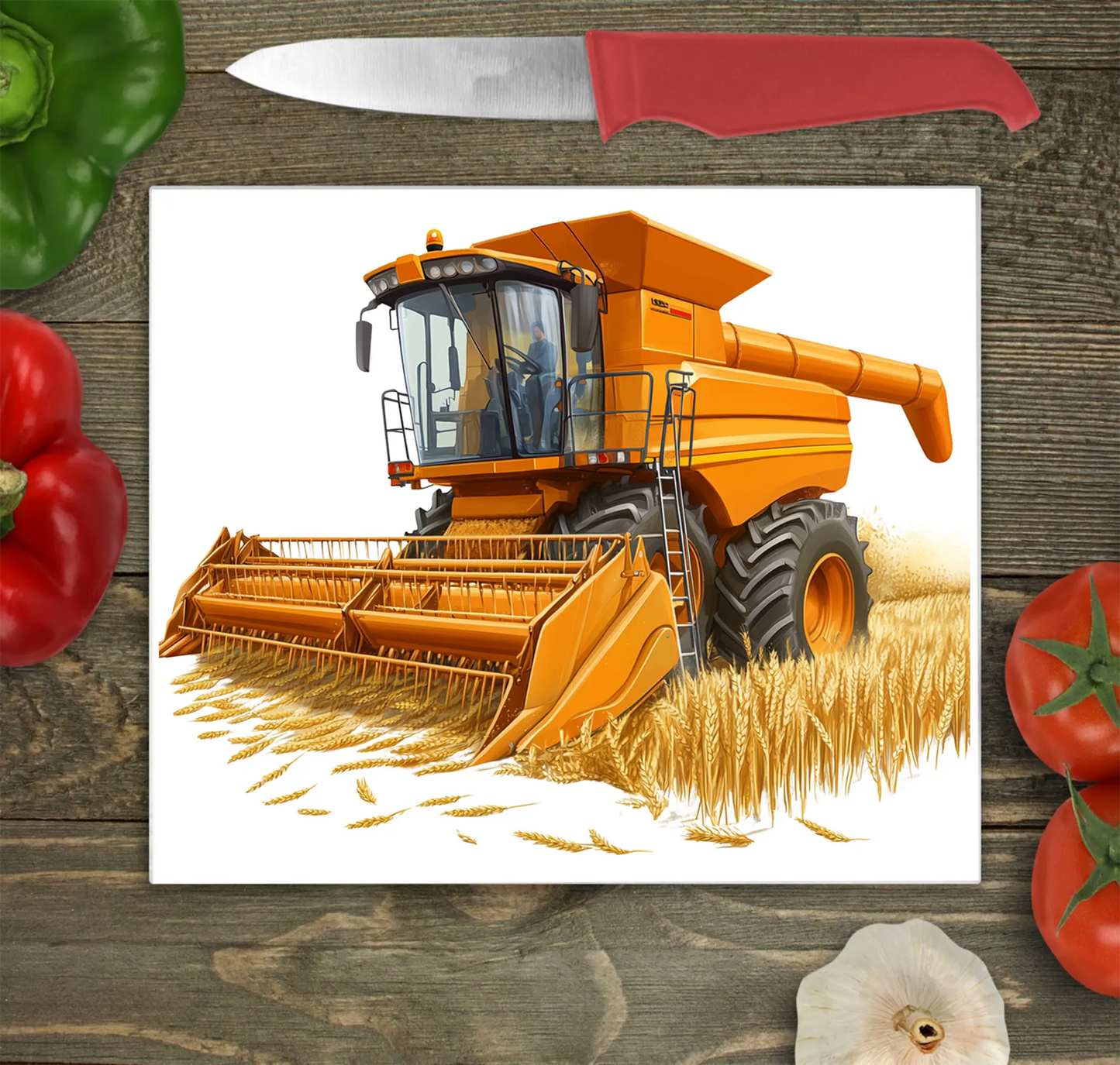 Combine Harvester (Orange) Glass Chopping Board, Combine Harvester (Orange) Worktop Saver