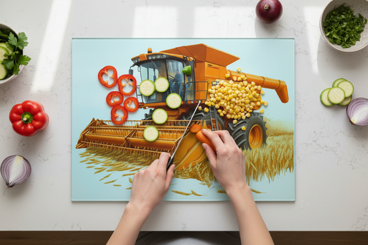 Combine Harvester (Orange) Glass Chopping Board, Combine Harvester (Orange) Worktop Saver