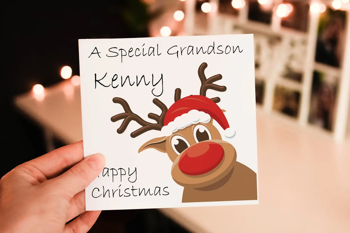 Personalised Reindeer Christmas Card, Rudolf Holiday Card - Grandson