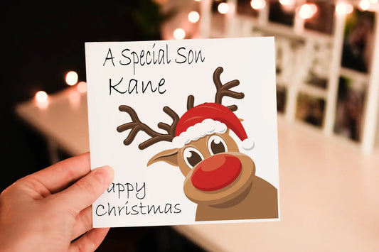 Personalised Reindeer Christmas Card, Rudolf Holiday Card - Son