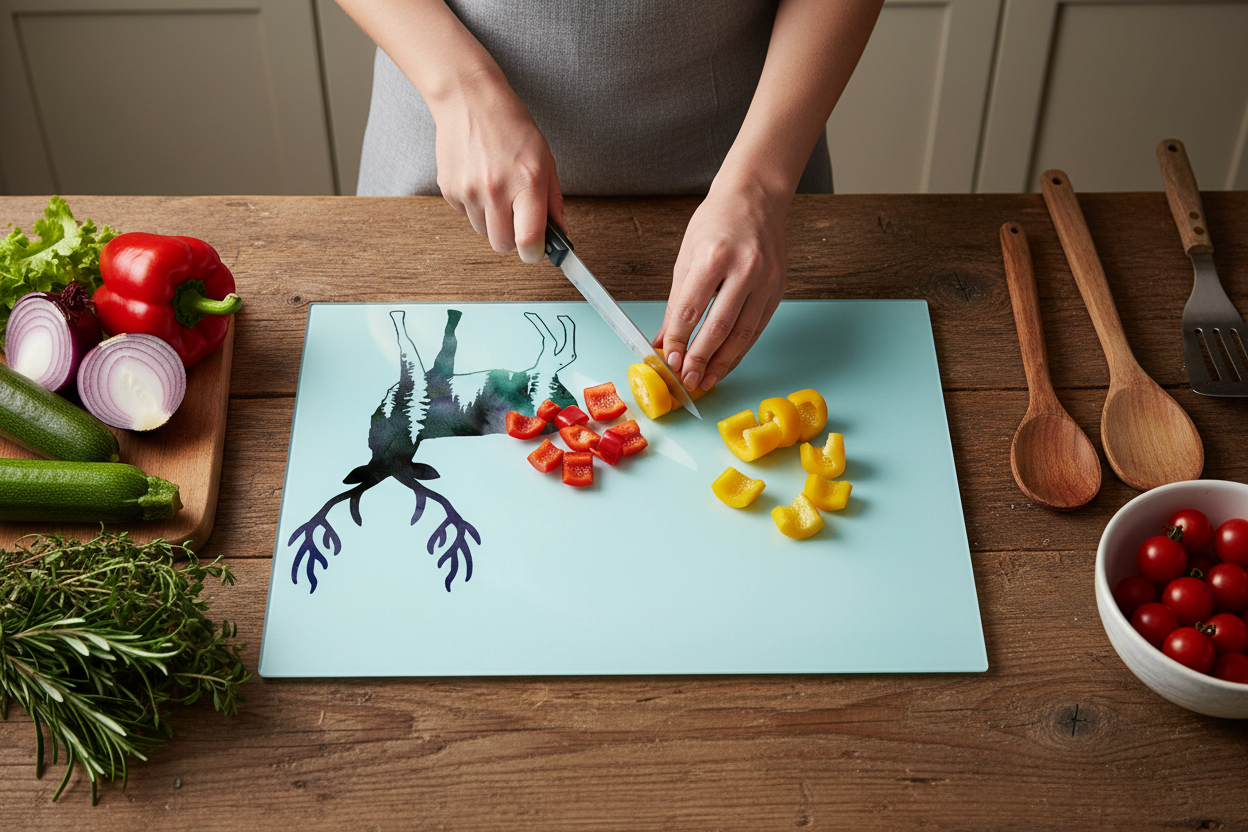 Woodland Stag Glass Chopping Board, Stag Worktop Saver