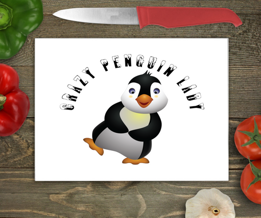 Penguin Large Glass Chopping Board - Crazy Penguin Lady - Worktop Saver
