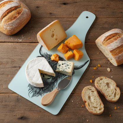 Highland Cow Bottle Shaped Glass Chopping Board - Cheese Platter, Highland Cow Worktop Saver