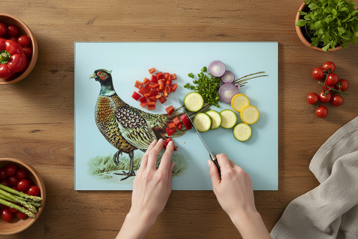 Pheasant Large Glass Chopping Board, Pheasant Worktop Saver