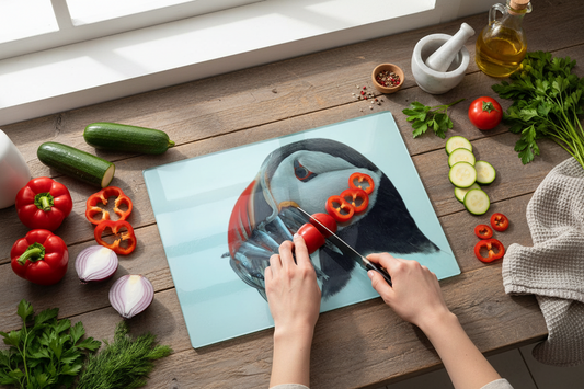 Puffin Glass Chopping Board, Puffin Worktop Saver