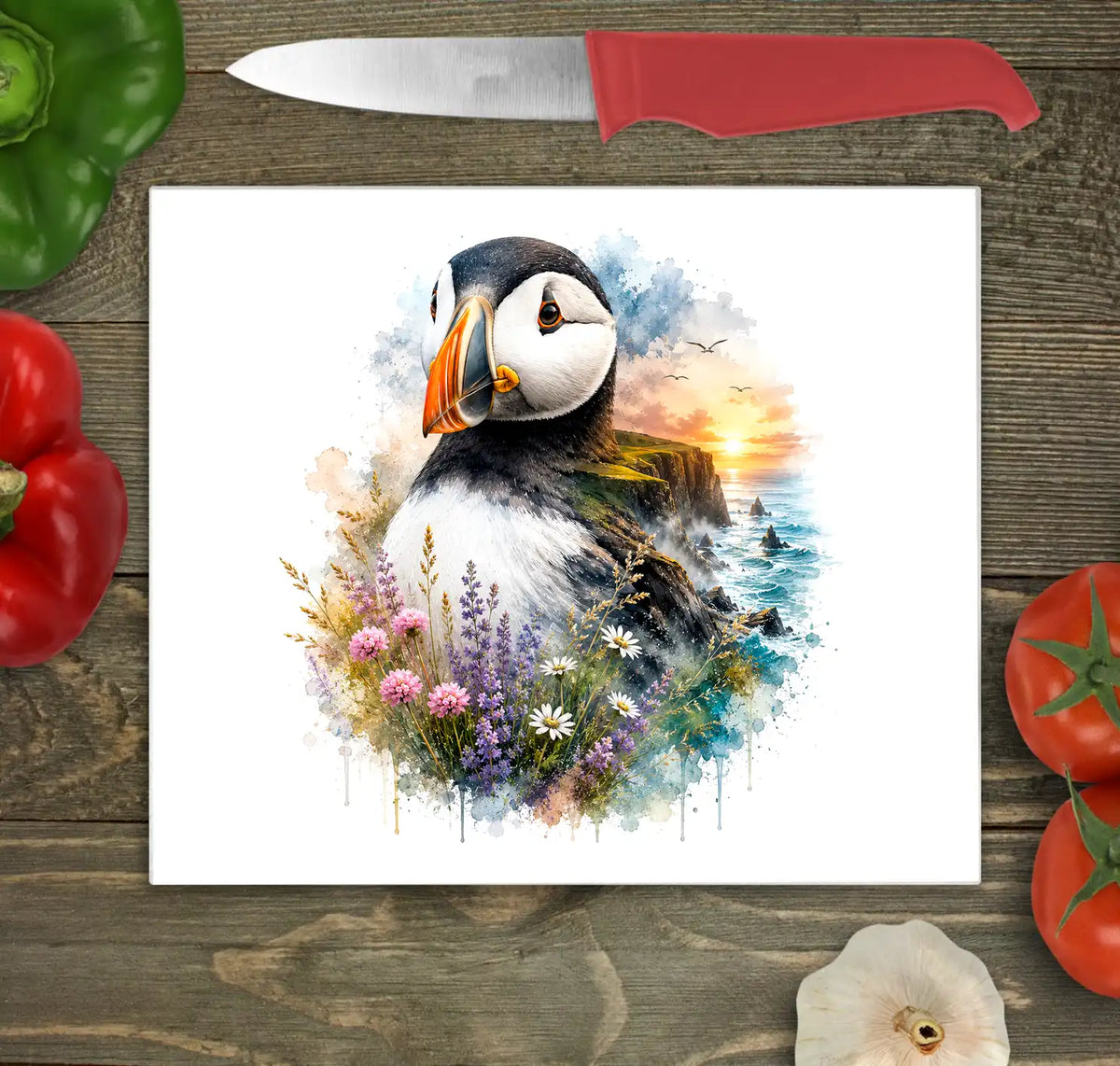 Puffin on a Cliff Glass Chopping Board Puffin on a Cliff Glass Chopping Board
