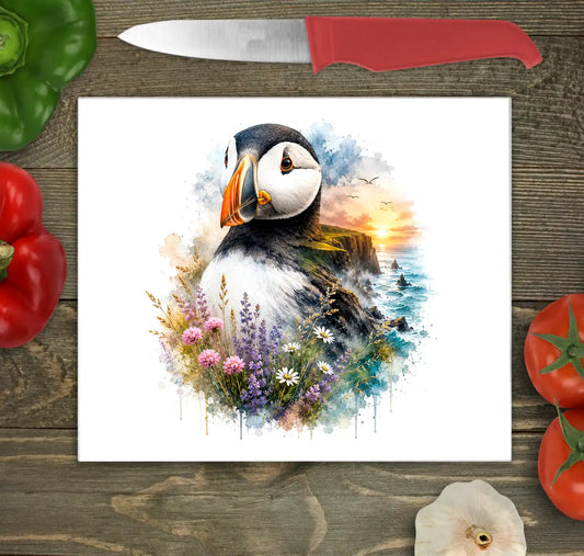 Puffin on a Cliff Glass Chopping Board Puffin on a Cliff Glass Chopping Board