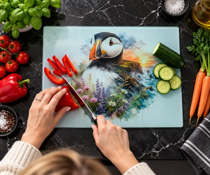 Puffin on a Cliff Glass Chopping Board Puffin on a Cliff Glass Chopping Board