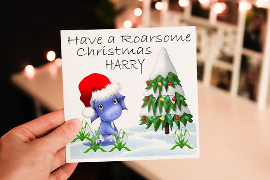 Personalised Dinosaur Christmas Card, Roarsome Xmas