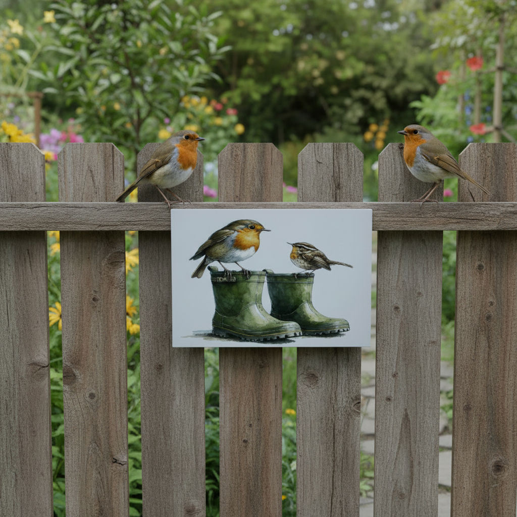 Robin and Wellies.... Glossy Aluminium Print