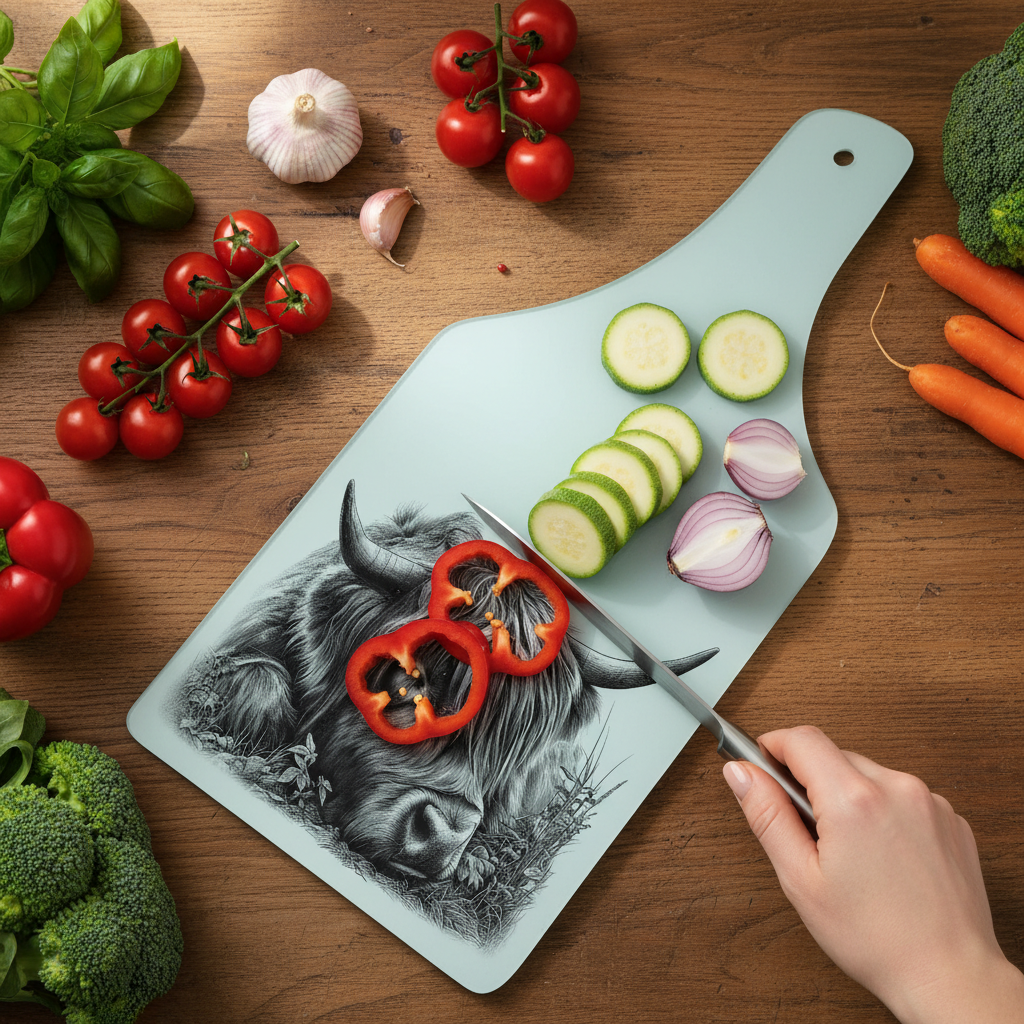 Sleeping Highland Cow Bottle Shaped Glass Chopping Board - Cheese Platter, Highland Cow Worktop Saver