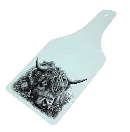 Sleeping Highland Cow Bottle Shaped Glass Chopping Board - Cheese Platter, Highland Cow Worktop Saver