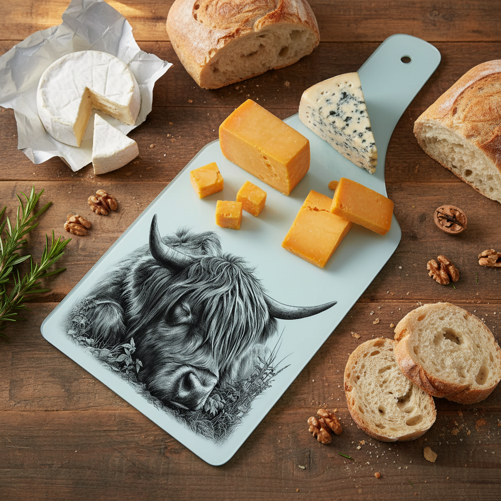 Sleeping Highland Cow Bottle Shaped Glass Chopping Board - Cheese Platter, Highland Cow Worktop Saver
