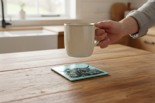 Sleeping Highland Cow Glass Coaster (Set of 4)