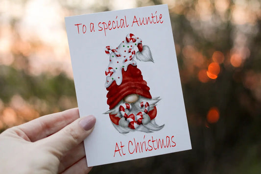 Gnome Christmas Card, Festive Personalised Card For Family Member - Auntie