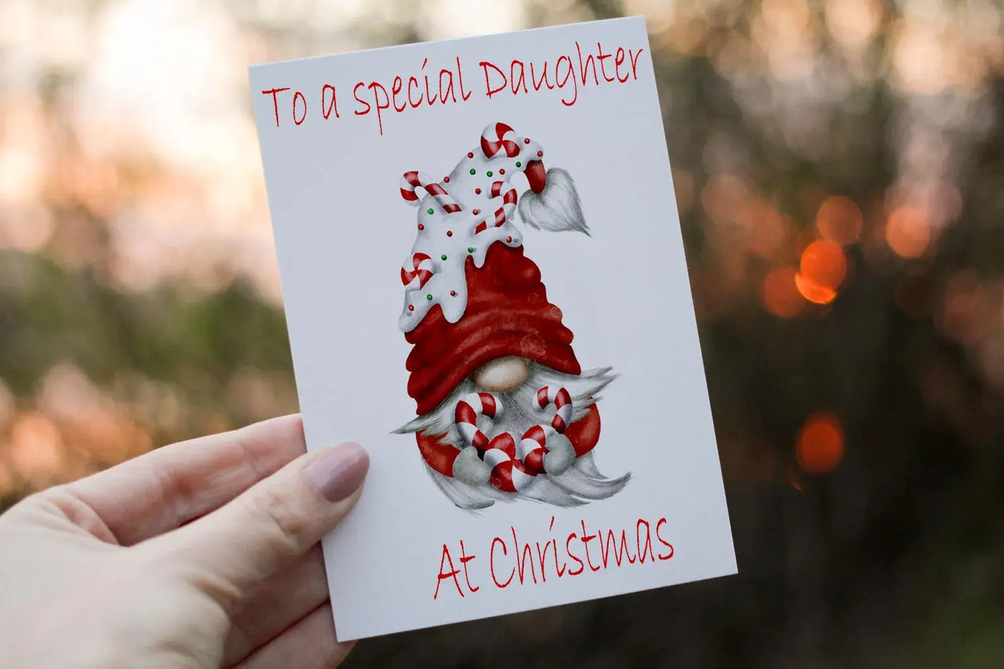 Gnome Christmas Card, Festive Personalised Card For Family Member - Daughter