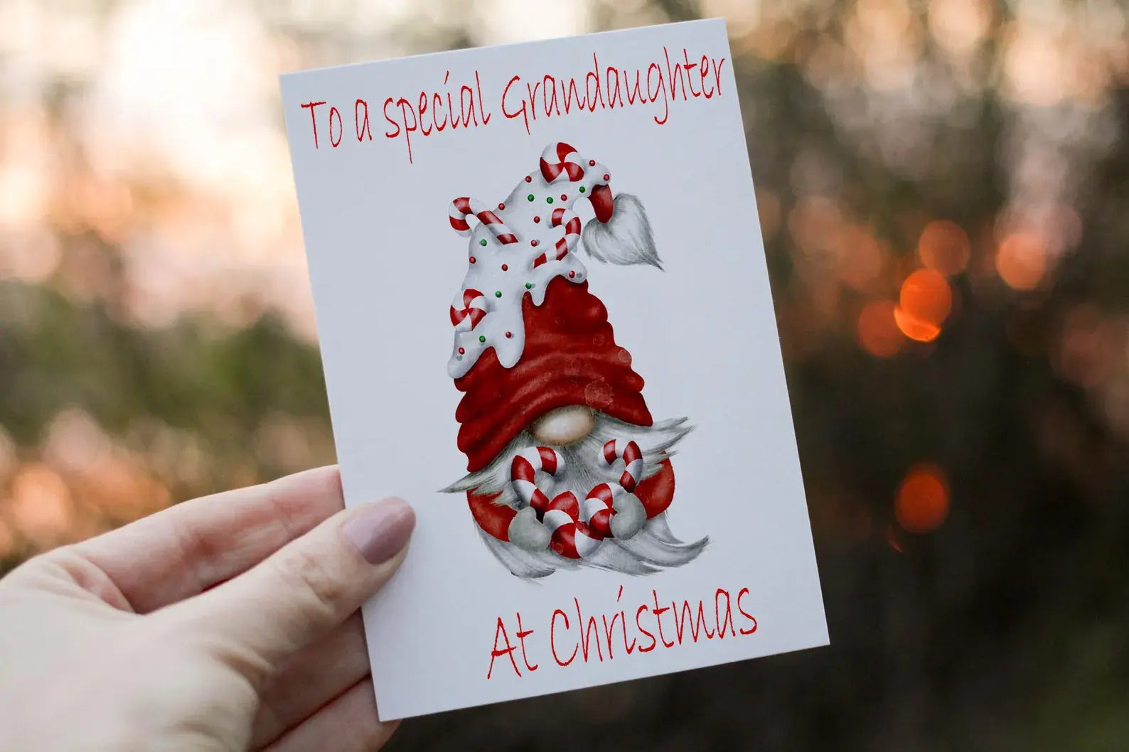 Gnome Christmas Card, Festive Personalised Card For Family Member - Grandaughter