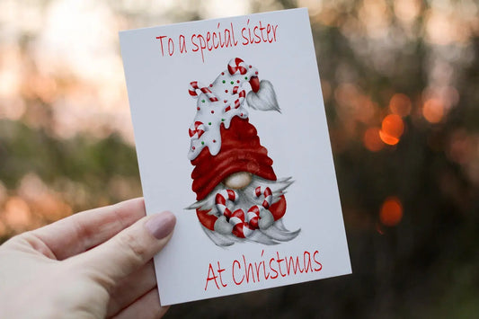 Gnome Christmas Card, Festive Personalised Card For Family Member - Sister