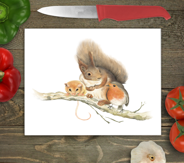 Squirrel, Robin & Vole Glass Chopping Board - Worktop Saver