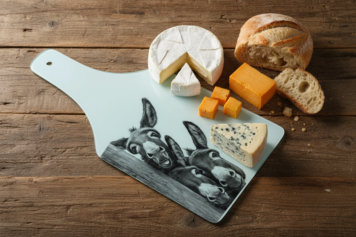 Funny Donkeys Bottle Shaped Glass Chopping Board - Cheese Platter, Donkey Worktop Saver