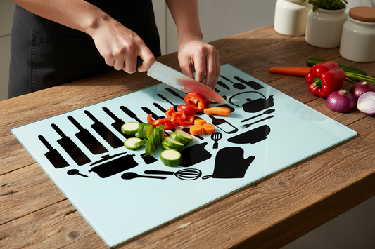 Utensil Heart Glass Chopping Board - Black - Worktop Saver