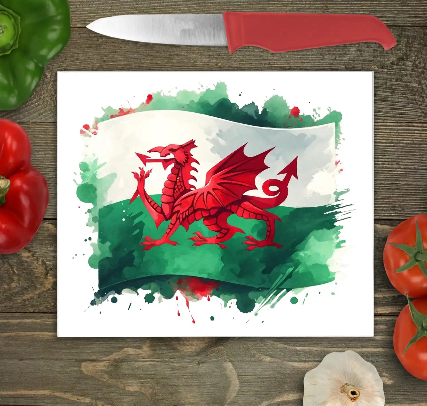 Welsh Dragon Glass Chopping Board, Dragon Worktop Saver
