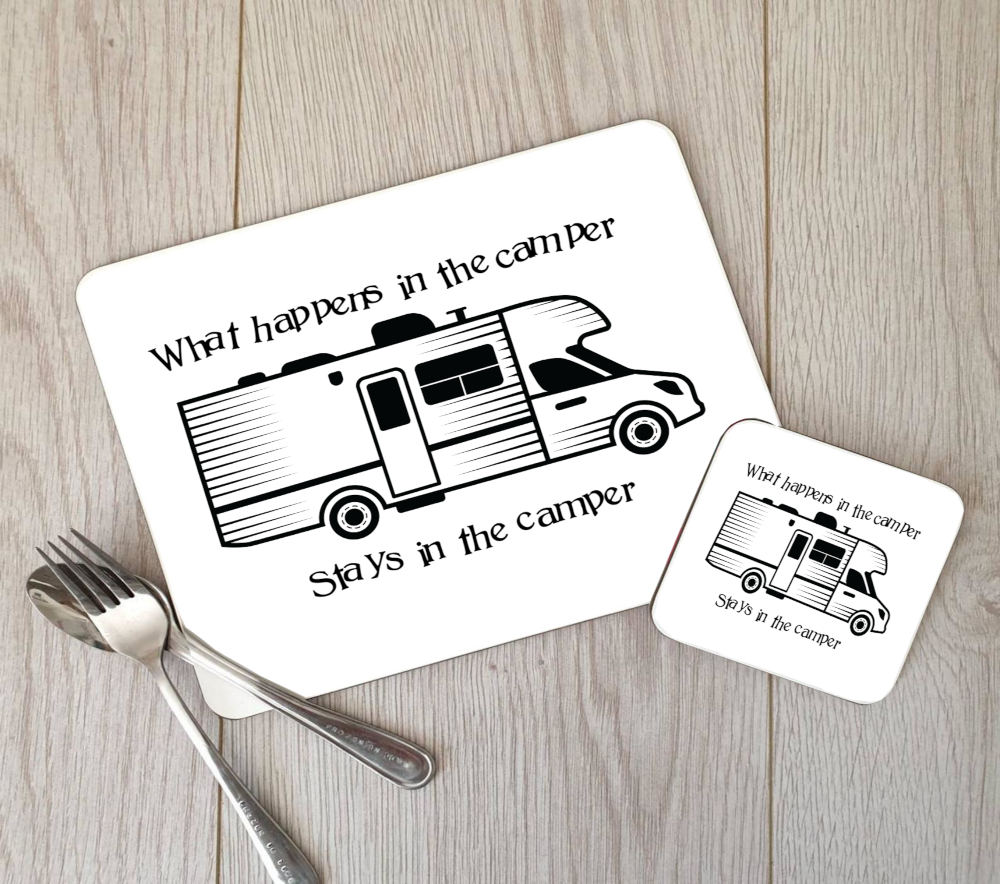 Motorhome Hardboard Placemat and Coaster Set - What Happens In .