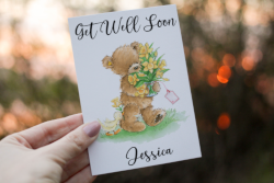 Personalised Get Well Soon Card - Teddy Bear with Heart - Any Name/Any  Message