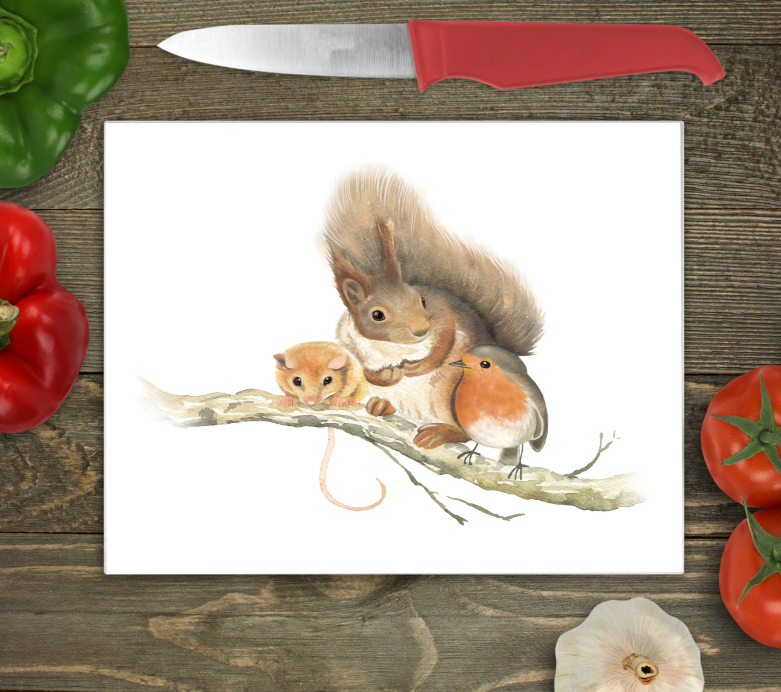 Squirrel, Robin & Vole Glass Large Chopping Board - Click Image to Close